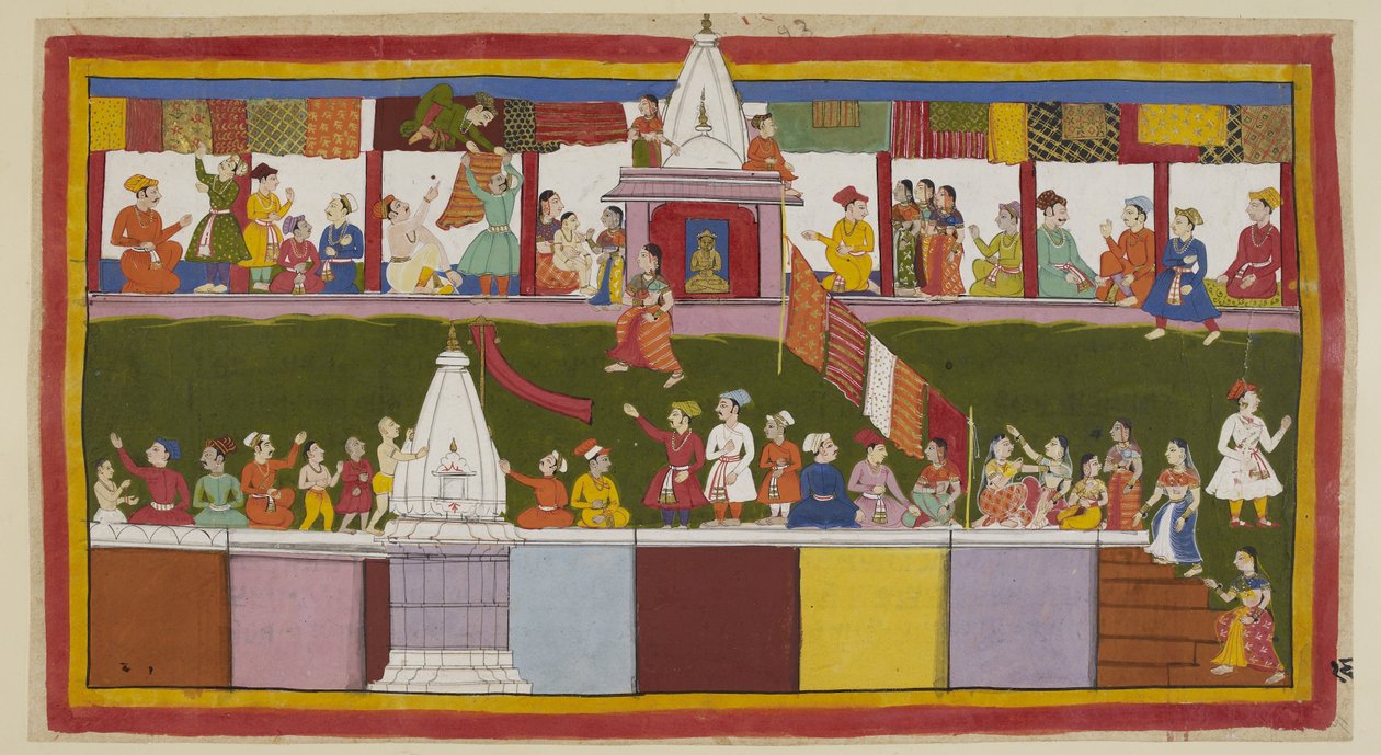 Tilføj 15296 (1) f.16r, I hovedgaden i byen Ayodhya dekorerer de begejstrede købmænd deres butikker med deres fineste brokader, mens folk klatrer på toppen af husene og over templerne for at sikre bedste udsigt over kroningsproc af Indian School