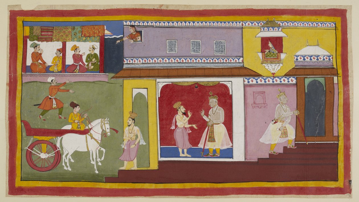 Tilføj 15296 (1) f.18r, Vasistha vender tilbage til paladset og fortæller Dasaratha, at alt er forberedt til ceremonien. Dasaratha trækker sig tilbage til et indre kammer i paladset. Ovenover kigger Kaikeyis tjener Manthara ud af et øverste vindue og obser af Indian School