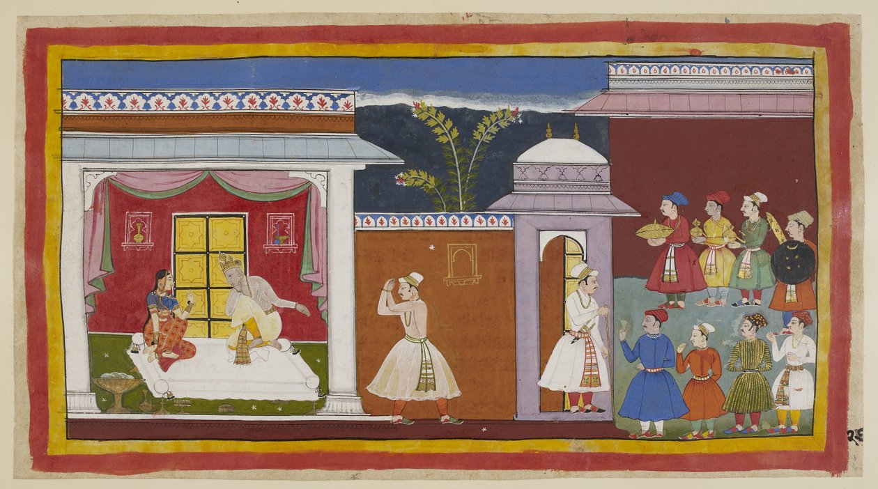 Tilføj 15296 (1) f.27r, Vasistha har bedt Sumantra om at fortælle kongen, at alt er klar, og han informerer Dasaratha om dette. Han får besked af Kaikeyi, med Dasarathas tavse samtykke, om at hente Rama. Uden for slottets indgang til højre, borgere og andr af Indian School