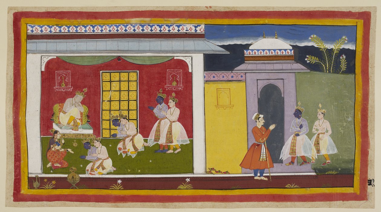 Tilføj 15296 (1) f.31r, Rama og Laksmana til højre, med Rama nu omdannet til moderne hofdragt, nærmer dig porten til Kaikeyis palads og efterlader deres sandaler ved døren og kom ind i audienskammeret. De knæler respektfuldt før dej af Indian School