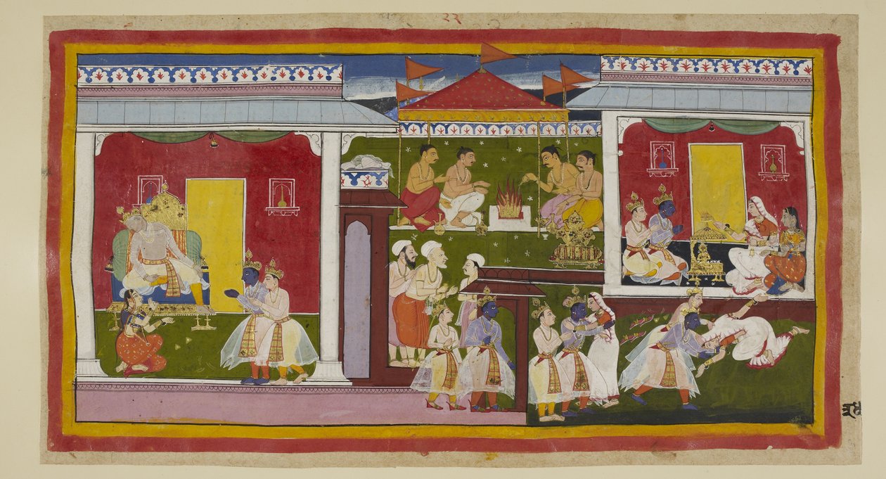 Tilføj 15296 (1) f.34r, Rama accepterer sin forvisning med fuldkommen sindsro, og han og Laksmana tager afsked med Kaikeyi og Dasaratha, som med nedslået hoved og afvendt blik ikke kan få sig selv til at se på sin søn. Han og Laksmana forlader Kaikeyis pal af Indian School