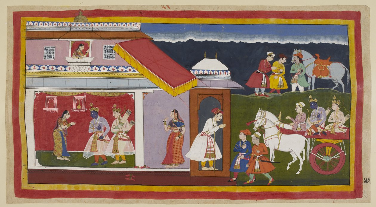 Tilføj 15296 (1) f.41r, Efter at have overtalt sin mor og bror til roligt at acceptere hans skæbne, vender Rama og Laksmana tilbage til sit eget palads i vognen, og Ramas hoved bøjede sig i sin sædvanlige ydmyghed. De bliver mødt af Sita, som først har set af Indian School