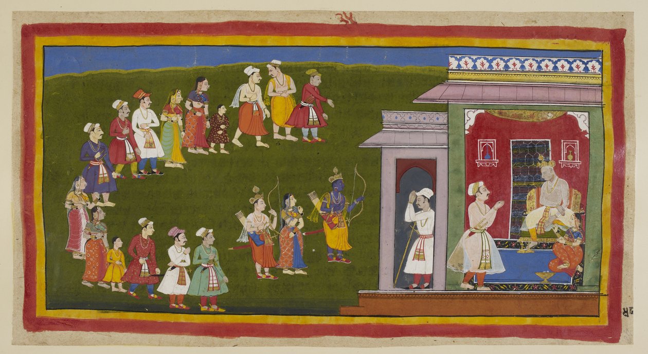 Tilføj 15296 (1) f.48r, Rama og Laksmana, klædt som før, men bevæbnet med sværd, bue og pile, ledsaget af Sita, har gået ydmygt gennem gaderne fyldt med sørgende mennesker til deres fars palads. Sumantra annoncerer dem for den tronende Das af Indian School