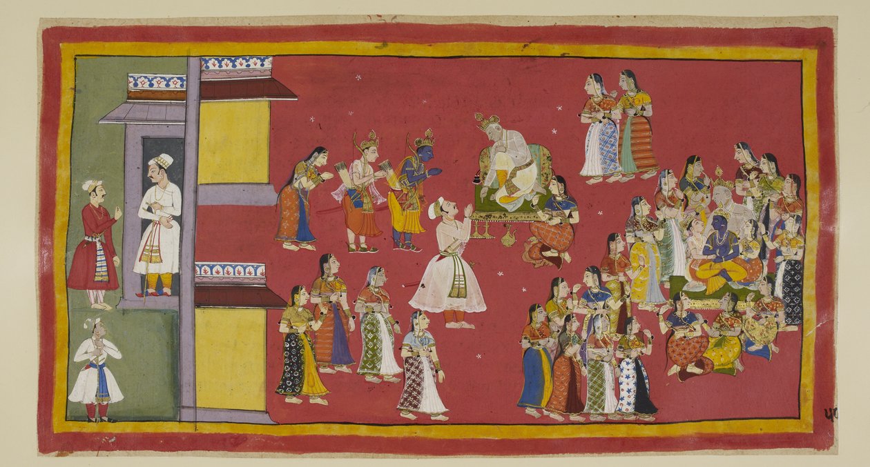 Tilføj 15296 (1) f.50r, Dasaratha havde tidligere beordret Sumantra til at tilkalde sine dronninger og alle hans hustruer, som nu omringer kongen, da Sumantra bringer de landflygtige ind for at tage afsked. Dasaratha forsøger at overtale Rama til ikke at g af Indian School