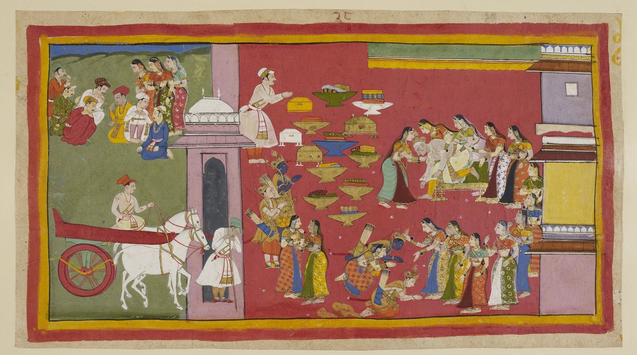 Tilføj 15296 (1) f.53r, Dasaratha til højre, da han ser sine sønner og Sita klædt i barkklæder, mister bevidstheden og falder fra tronen. De tre eksil knæler foran dronningerne. Sita bliver omfavnet af Kausalya, som minder hende unødigt om, at hendes grane af Indian School