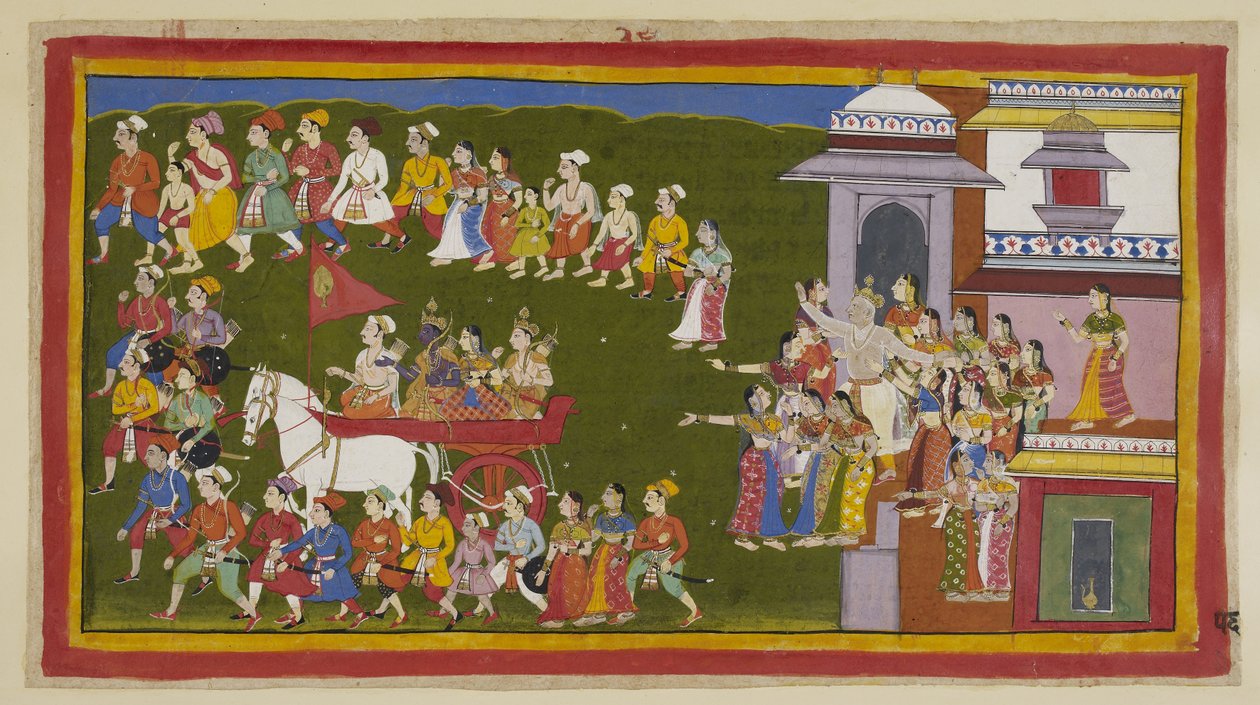 Tilføj 15296 (1) f.56r, Rama, hans kone og bror kører af sted i en vogn drevet af Sumantra og er omgivet af de sørgende byboere, hvis tårer lægger støvet op af vognens fremgang. Dasaratha skynder sig fra sit palads og går gennem porten af Indian School
