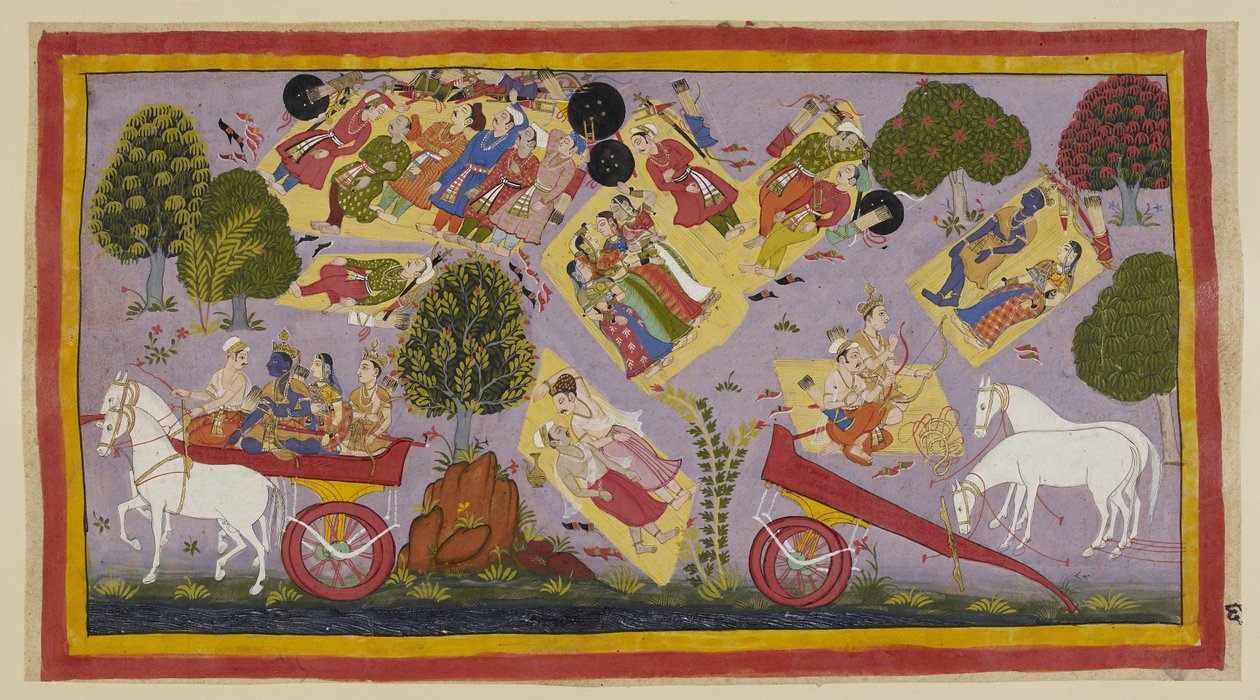 Tilføj 15296 (1) f.61r, De landflygtige har nået Tamasa-floden og tilbringer natten på dens bredder, stadig omgivet af de sørgende byfolk. Sita og Rama ligger og sover på en græsleje, mens Laksmana og Sumantra taler om Ramas dyder, og hestene g af Indian School