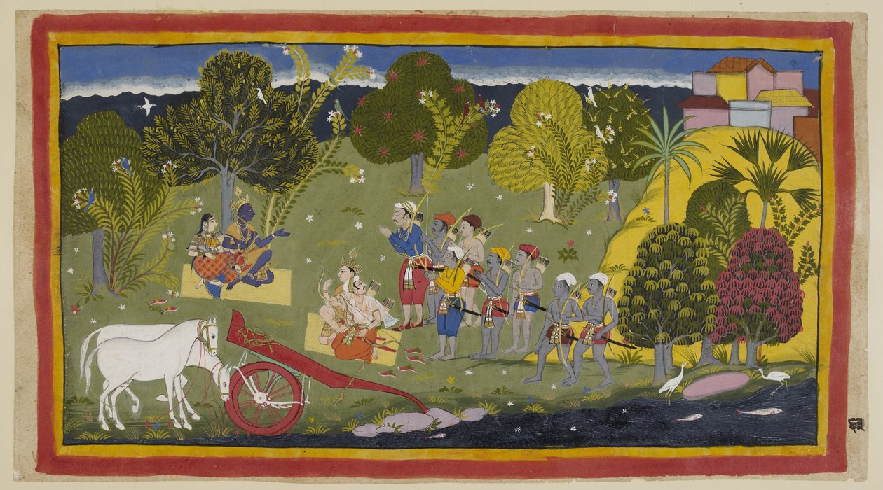 Tilføj 15296 (1) f.63r, ledsagerne har nået floden Ganga ved Srngaverapura Rama og Sita sidder på en måtte af halm under et træ, der er beregnet til at være et Ingudi-træ, mens Laksmana og Sumantra på samme måde sidder vendt mod dem. Hestene har været unha af Indian School
