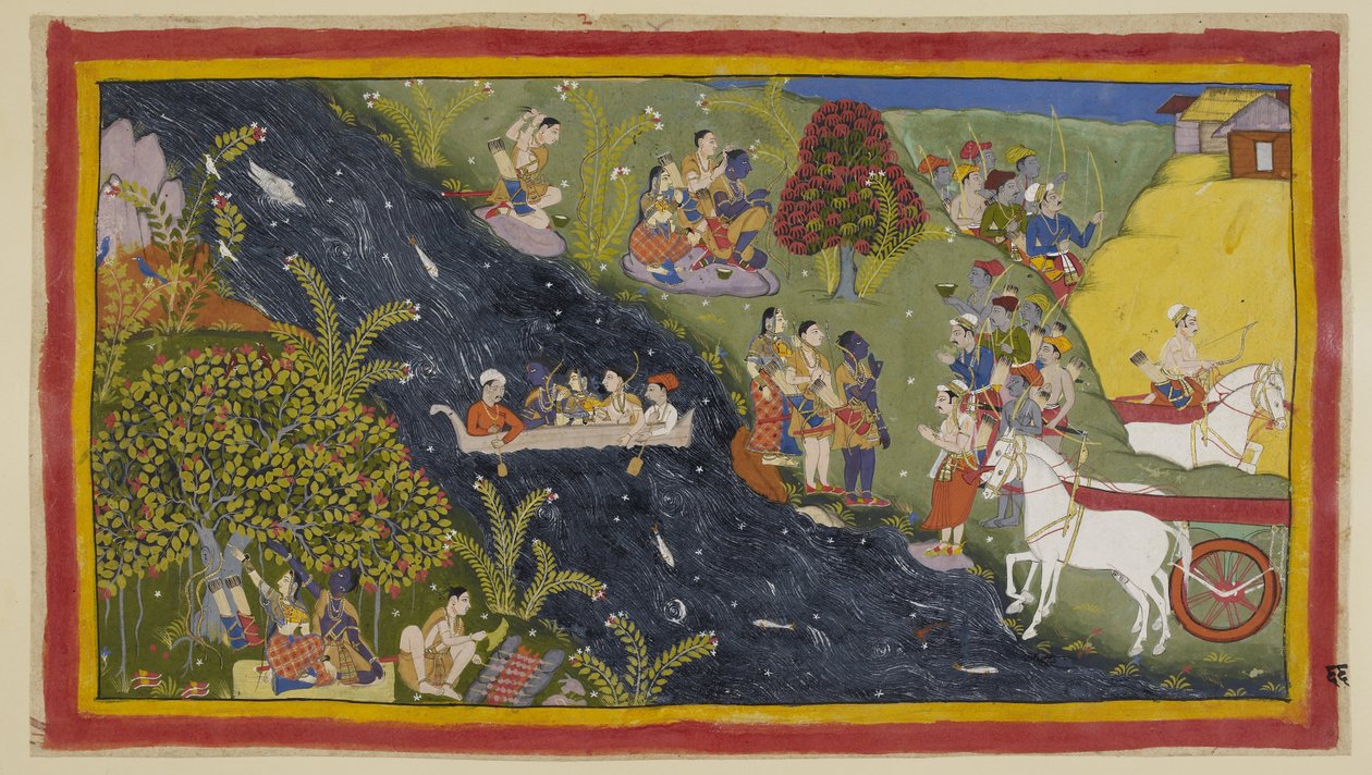 Tilføj 15296 (1) f.66r, Ledsagerne har nået floden Ganges og Guha, Nisada-høvdingen, er kommet for at hilse på dem sammen med nogle af hans folk fra deres nærliggende by. Rama beder ham sørge for en båd, så de kan krydse floden. Han fortæller Sumantra t af Indian School