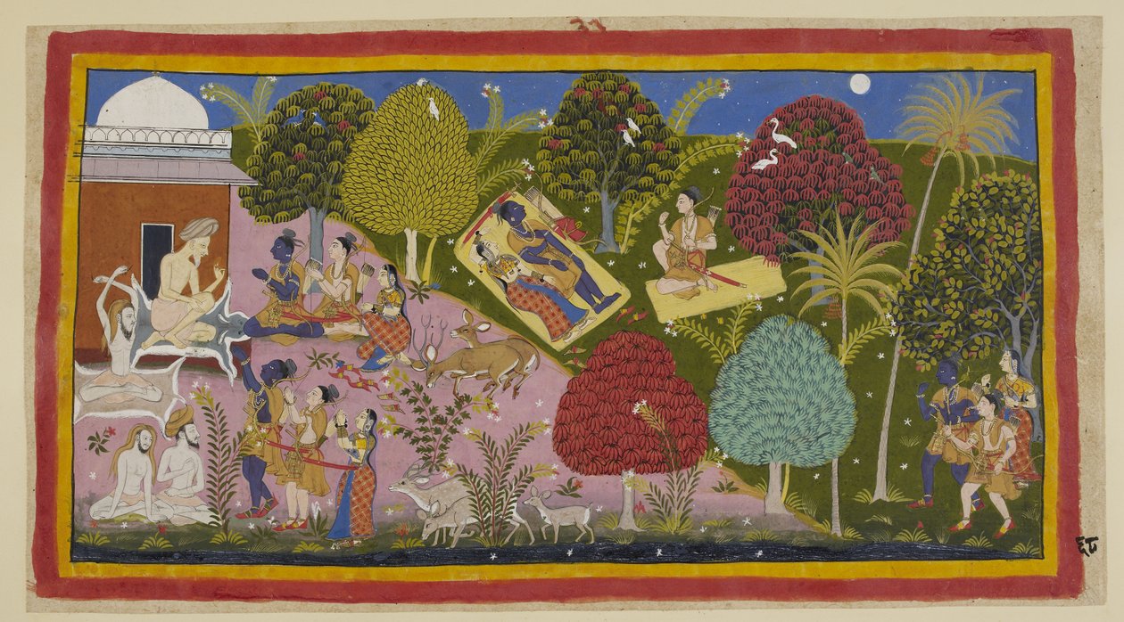 Tilføj 15296 (1) f.68r, Øverst i midten overnatter de tre i skoven. Sita og Rama ligger på den ene måtte, hans sværd og bue ved siden af ham, mens Laksmana, der sidder på hans måtte, irettesætter Rama for at give plads til sorg. Nederst går de så videre ti af Indian School
