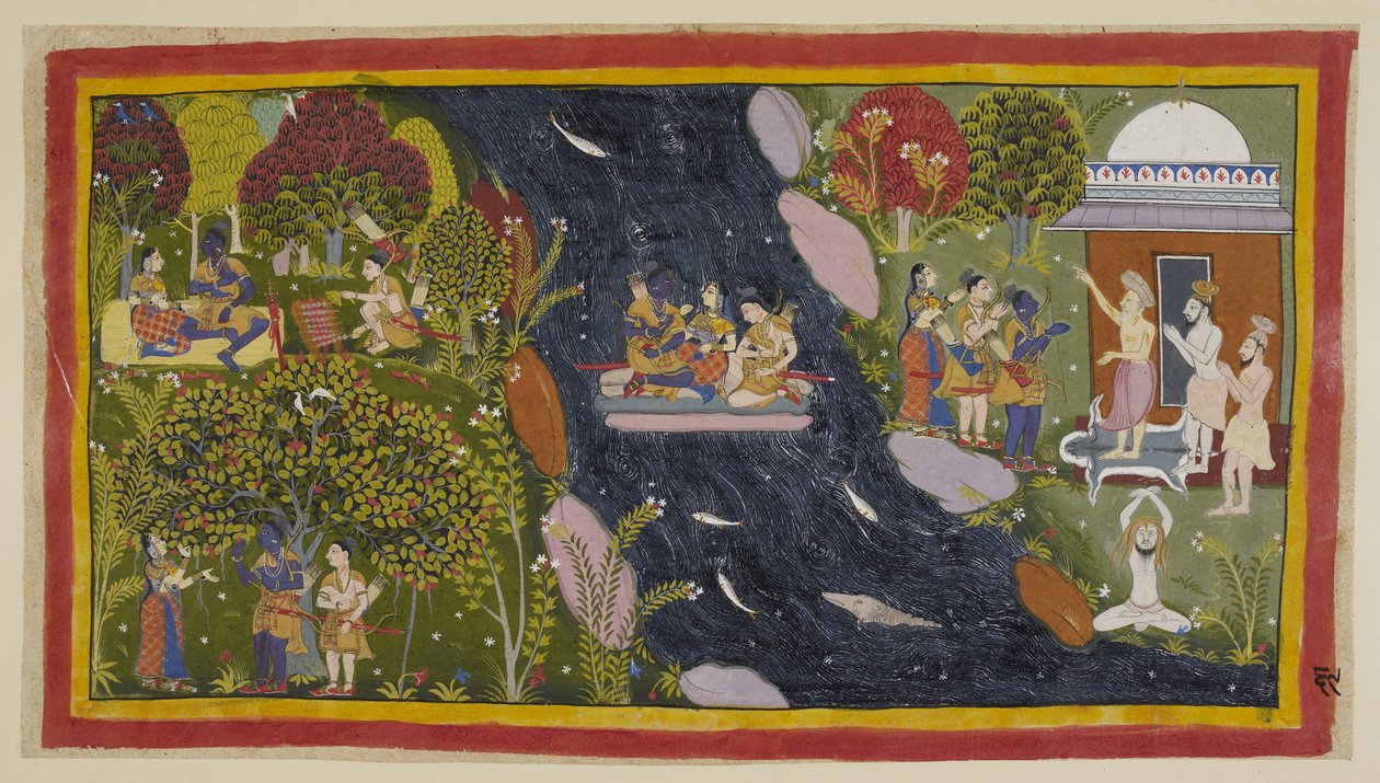 Tilføj 15296 (1) f.69r, Bharadvaja, til højre i hans eremitage, rådgiver de rejsende om vejen til Citrakuta. I midten krydser de Yamuna på en improviseret tømmerflåde, hvor Sita igen beder til flodens gudinde om en sikker tilbagevenden, og på af Indian School