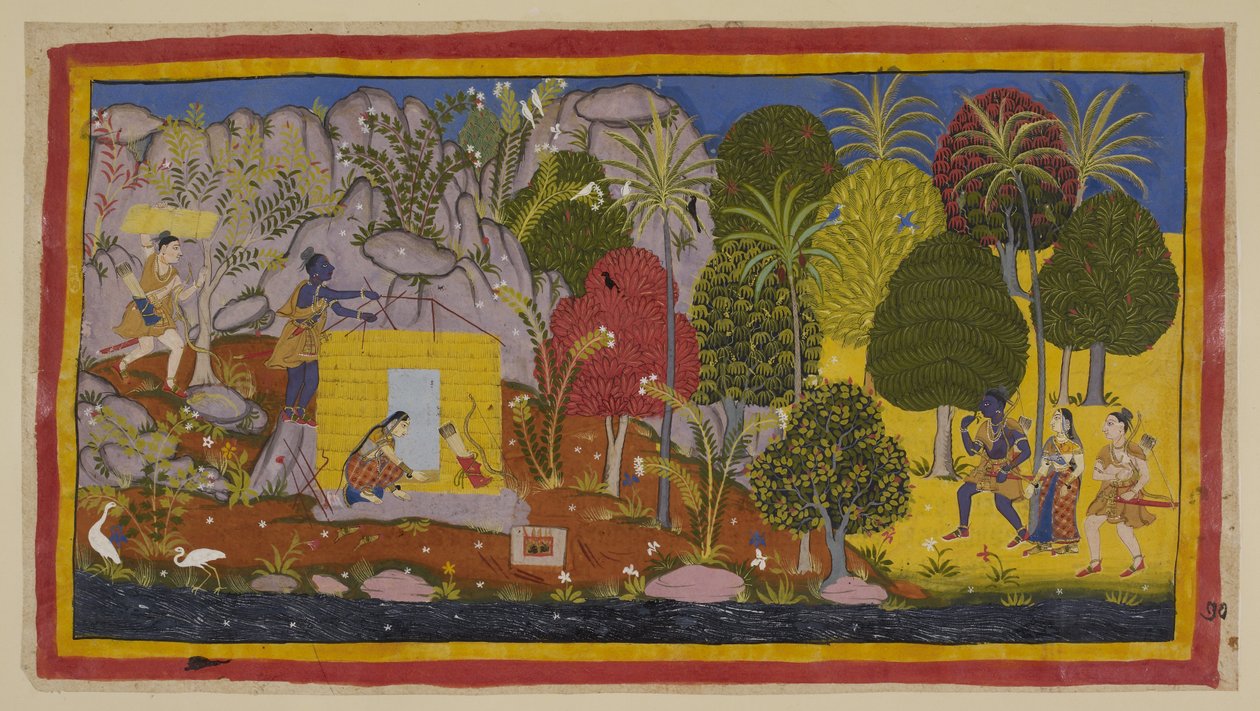 Tilføj 15296 (1) f.70r, De tre eksil nærmer sig Citrakuta fra højre langs Yamuna-flodens bred. Rama undrer sig over de blomstrende træer og planter, der dækker bjerget. Til venstre, på en plan plads nær floden, bygger de to brødre et hu af Indian School