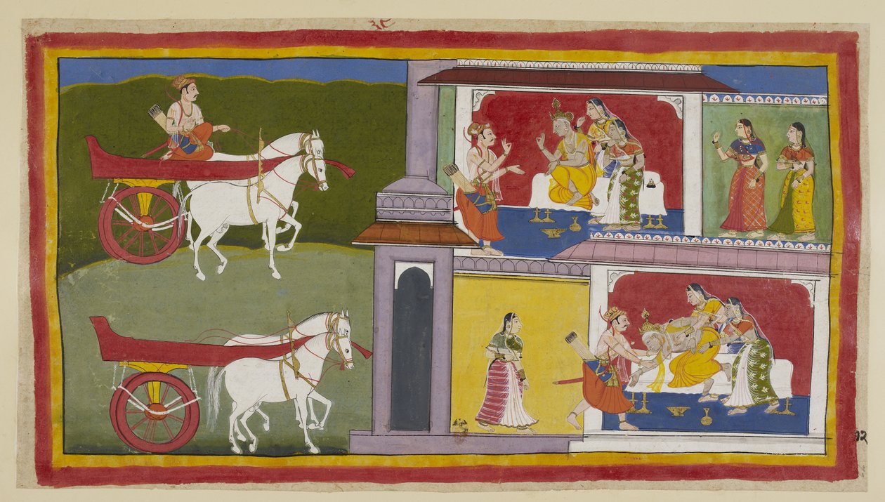 Tilføj 15296 (1) f.72r, Til venstre vender Sumantra tilbage til Ayodhya og går ind i paladset for at give Ramas sidste besked til kongen, som sidder med Kausalya og Sumitra ved siden af sig. Kongen falder i svime og bliver fanget af Sumantra og dronningern af Indian School