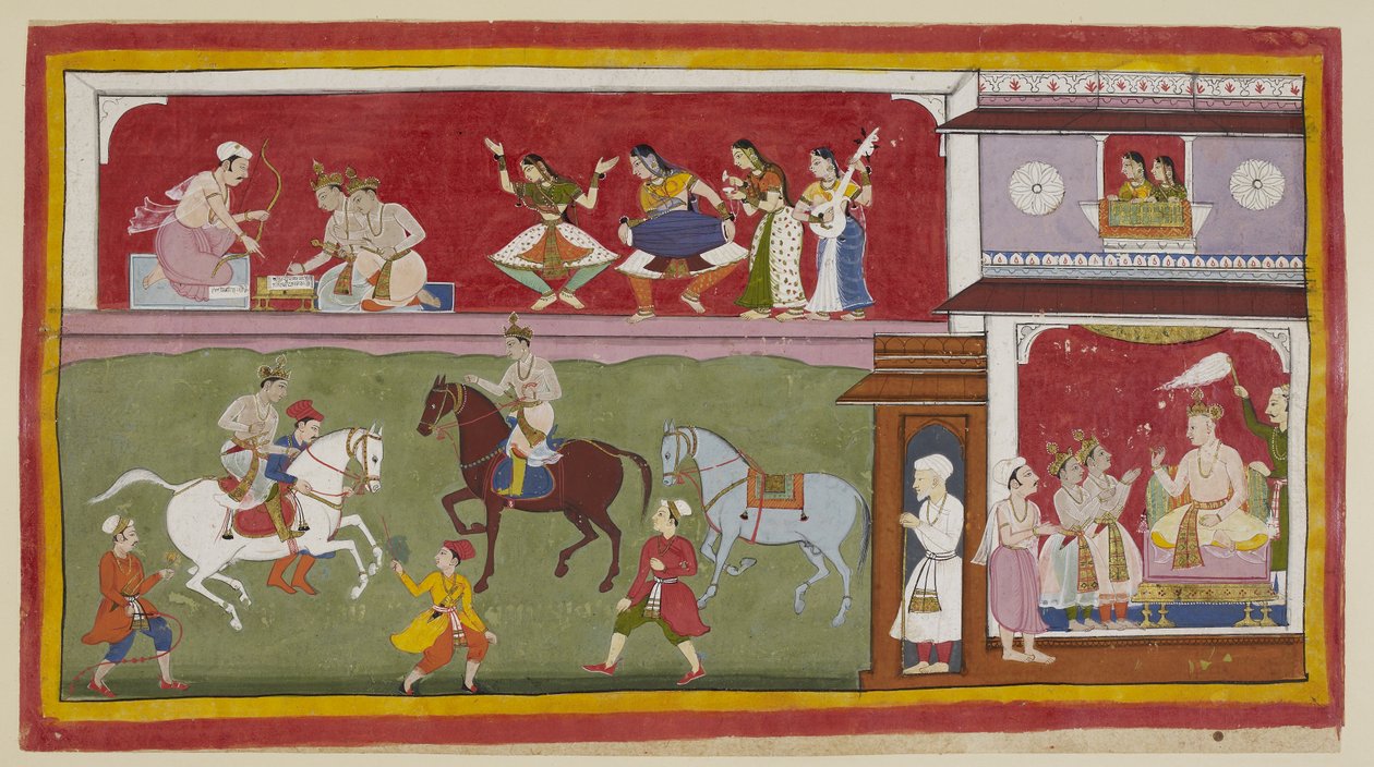 Tilføj 15296 (1) f.7r, Til højre i paladset beder prinserne kongen om lærere i religion, kunst og videnskab, mens to damer ovenover ved et tæppebelagt jharokha-vindue ser ned på dem til venstre, mens de øver sig ridning på motionspladsen. af Indian School