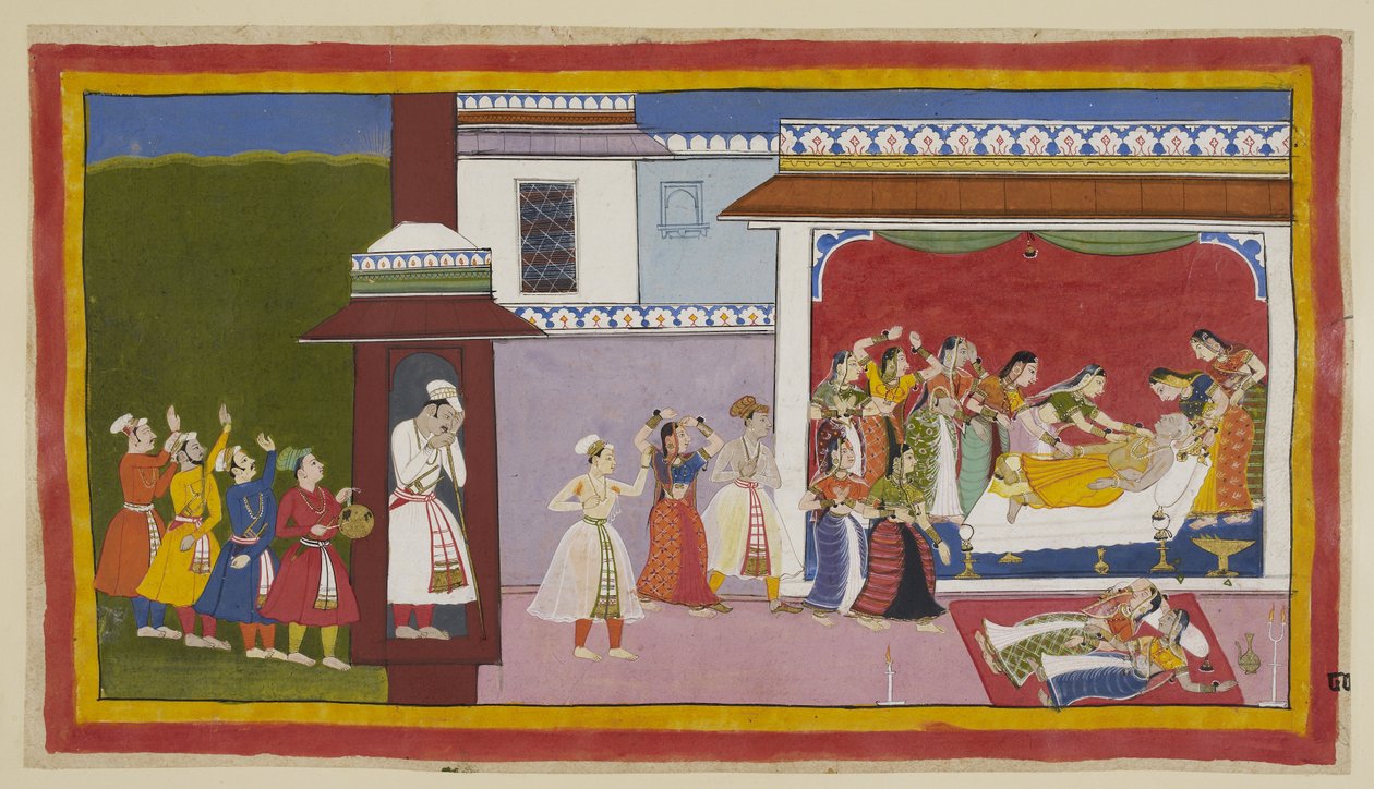 Tilføj 15296 (1) F.80R, bards, musikere og dansere ankommer om morgenen ved døren til kongekammeret for at vække ham, mens inde i en gruppe kvinder forsøger at vække ham fra søvn og opdage ham for at være død. Kausalya og Sumitra, udmattet gennem deres af Indian School
