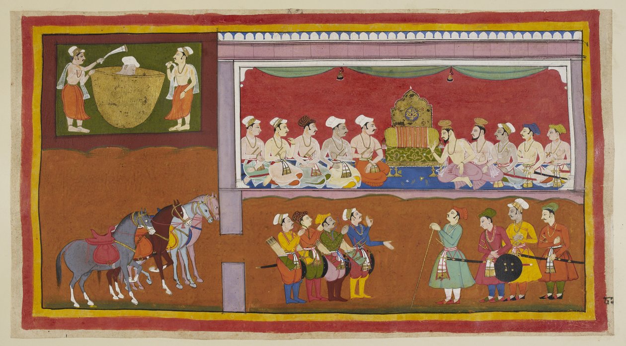 Tilføj 15296 (1) f.82r, I hans sønners fravær lægges kongens lig i en kedel med olie, med ledsagere, der blæser ærbødigt, mens ministre og brahminer i durbar-salen diskuterer, hvad de skal gøre, på hver side af det ledige. trone. Vasistha fortæller fire me af Indian School