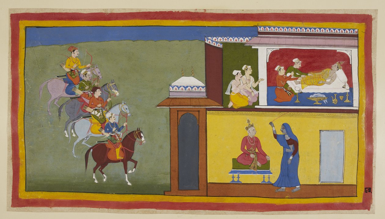 Tilføj 15296 (1) f.83r, De fire budbringere på hesteryg nærmer sig byen Kekaya, mens ledsagerne forsøger at vække Bharata, som har haft alarmerende drømme om sin far. I en af dem, vist nedenfor, klædte kongen sig almindeligt på og satte sig på et strygejer af Indian School