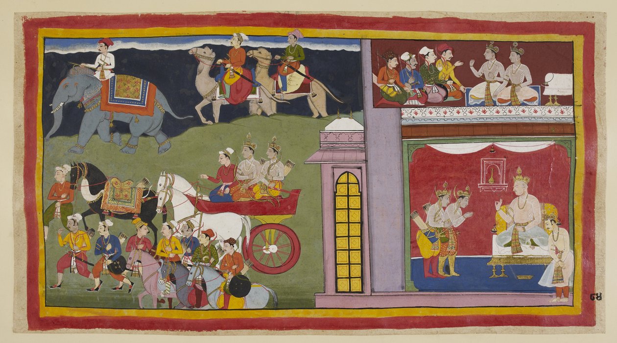 Tilføj 15296 (1) f.84r, Budbringerne, i et øvre kammer, beder prinserne om at vende tilbage til Ayodhya. Nedenfor i tronsalen, klædt på til rejsen, siger prinserne deres farvel til kong Kaikeyi og hans søn Yudhajit. De sidder ude i en vogn med m af Indian School