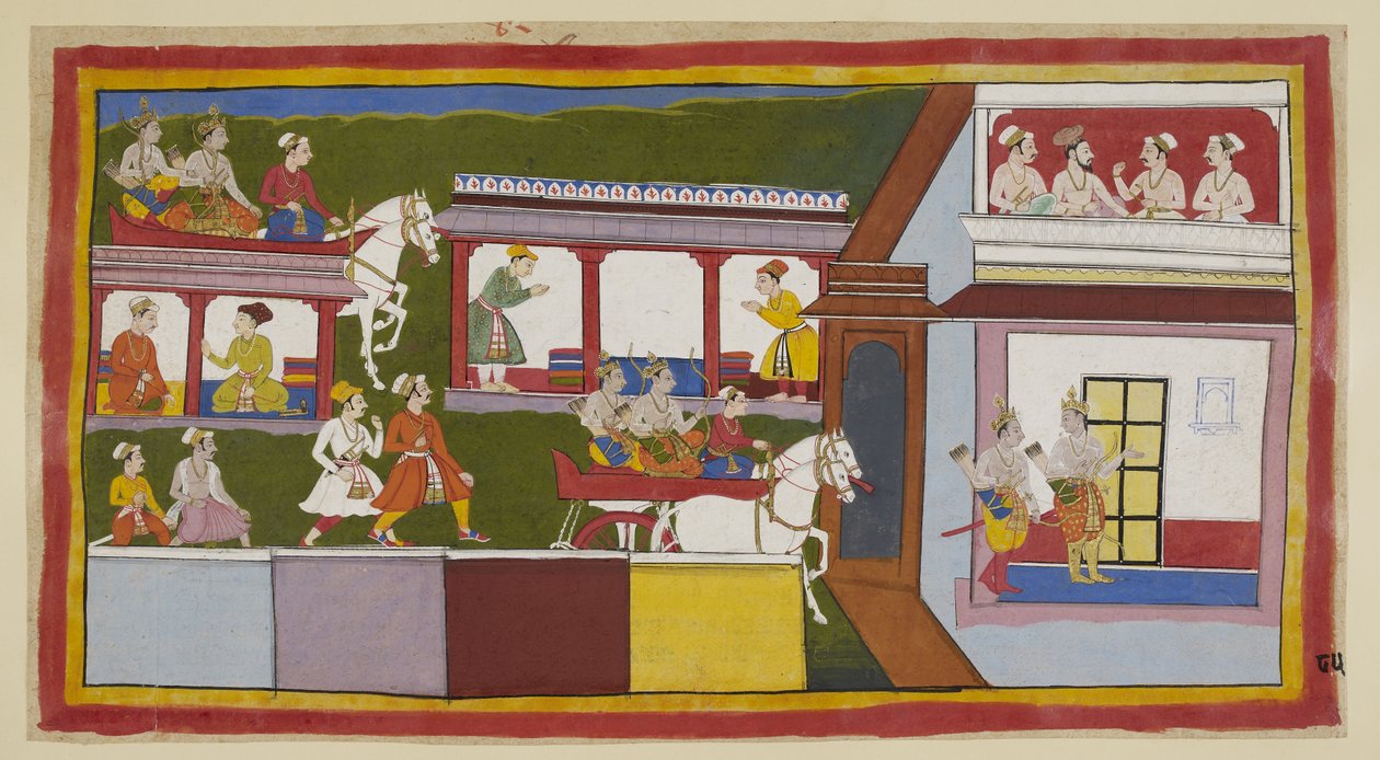 Tilføj 15296 (1) f.85r, Prinserne i deres vogn kører gennem hovedgaden ved Ayodhya, undrende over forandringen i byen, siden de forlod den, og træder derefter ind i paladset med spørgende bevægelser. I et overrum mødes en brahmin og tre ministre af Indian School