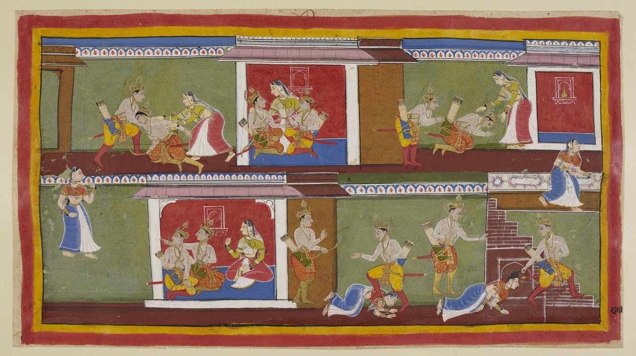Tilføj 15296 (1) f.89r, Øverst til højre hilser Bharata og Shatrughna på Kaikeyi, som tager dem på skødet, og de taler om de seneste begivenheder. Bharata besvimer, da han hører om sin fars død, og hvad hans mor har gjort for at sikre af Indian School