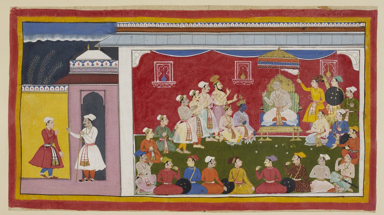 Tilføj 15296 (1) f.8r, Dasaratha sidder på sin trone i fuld durbar, med Rama og Laksmana knælende ved siden af ham, mens budbringeren sendt af Bharata fra sin bedstefars hof fortæller Sitae-kongen, hvor flittigt hans to andre sønner studerer. En ring på ca af Indian School