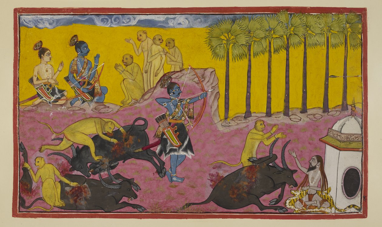Tilføj 15296 (2) f.12r, Sugriva og hans aber, set øverst til venstre, fortsætter med at fortælle Rama og Laksmana historien om Bali og Dundubhi. Bali var så stærk, at han var i stand til at rive dæmonens lem fra lem og derefter kaste kadaveret op i luften. af Indian School