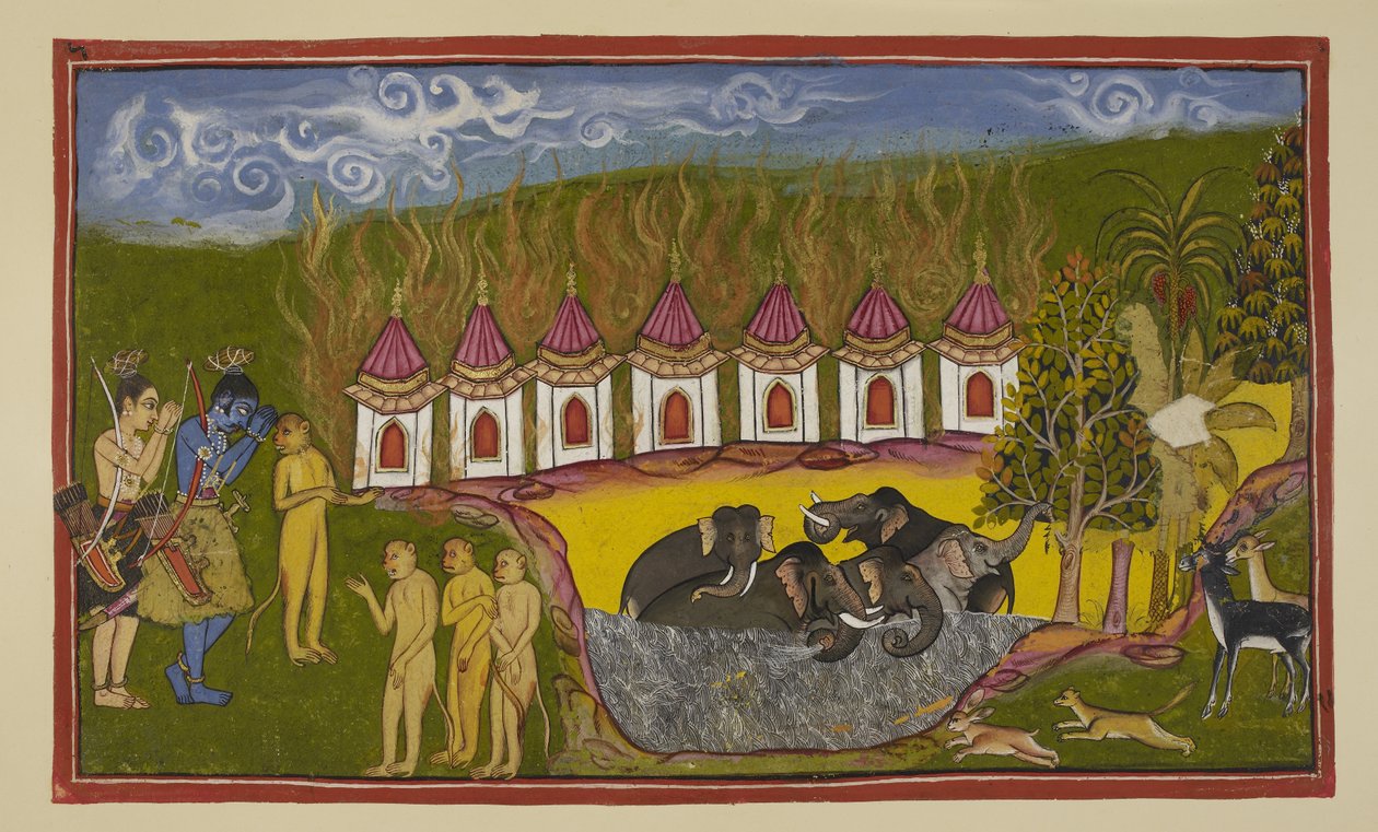 Tilføj 15296 (2) f.15r, Sugriva er blevet besejret og bebrejder Rama for ikke at hjælpe ham, men Rama fortæller ham, at han ikke var i stand til at skelne mellem ham og hans bror. På vej tilbage til Kiskindha for at forny sin udfordring, hylder Rama og Lak af Indian School