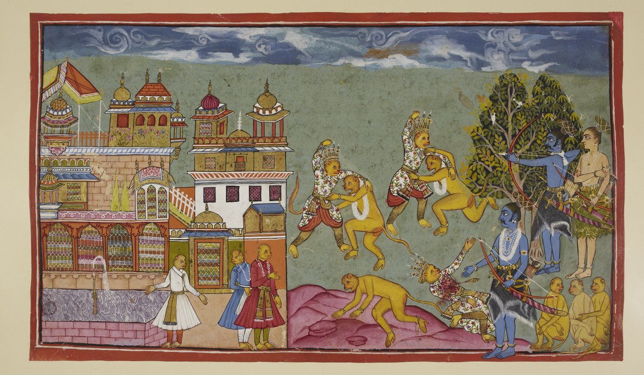 Tilføj 15296 (2) f.18r, Uden for paladset støder Sugriva og Bali rasende på hinanden med knytnæver og søm og river derefter træer og sten op, men Bali er den stærkere og langsomt tvinges Sugriva til at give jord. Da Rama ser, at Sugriva taber, k af Indian School