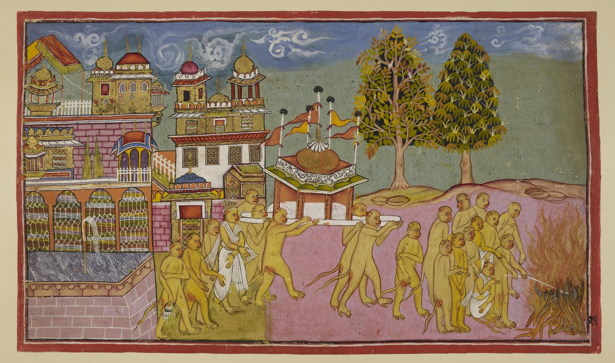 Tilføj 15296 (2) f.25r, Liget af Bali, dækket af hvidt, bæres i en hvælvet og beflaget palanquin fra paladset og indtages i et ligbål, hvor Sugriva og Angada leder begravelsesritualerne. af Indian School