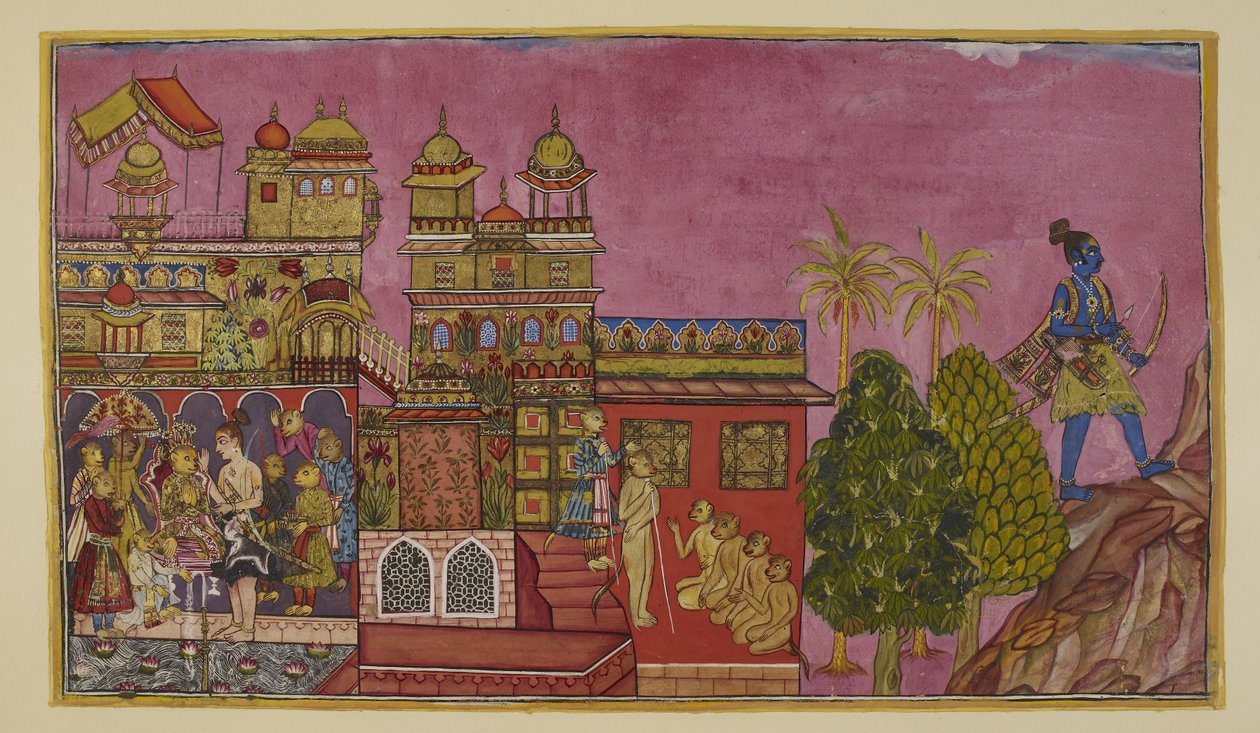 Tilføj 15296 (2) f.27r, Sugriva indsættes som konge i paladset, og Angada som kronprins og arving til kongeriget Kiskindha, med Laksmana til stede, mens Rama trækker sig tilbage til Prasravana-bjerget for at tilbringe regntiden der. af Indian School