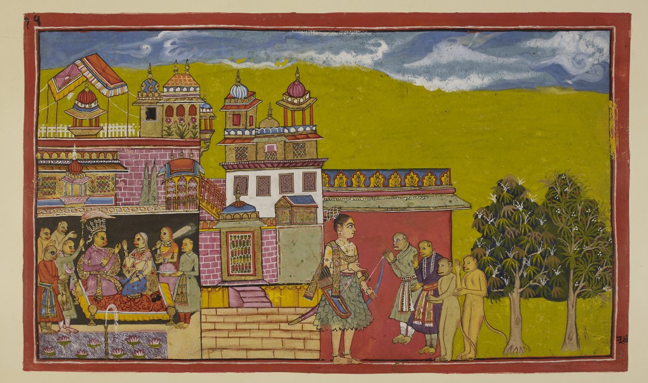 Tilføj 15296 (2) f.34r, Laksmana, stadig ved porten til Kiskindha, bliver budt velkommen af Sugrivas ministre, mens Sugriva inde i paladset rådgives af sine ministre og Tara. af Indian School