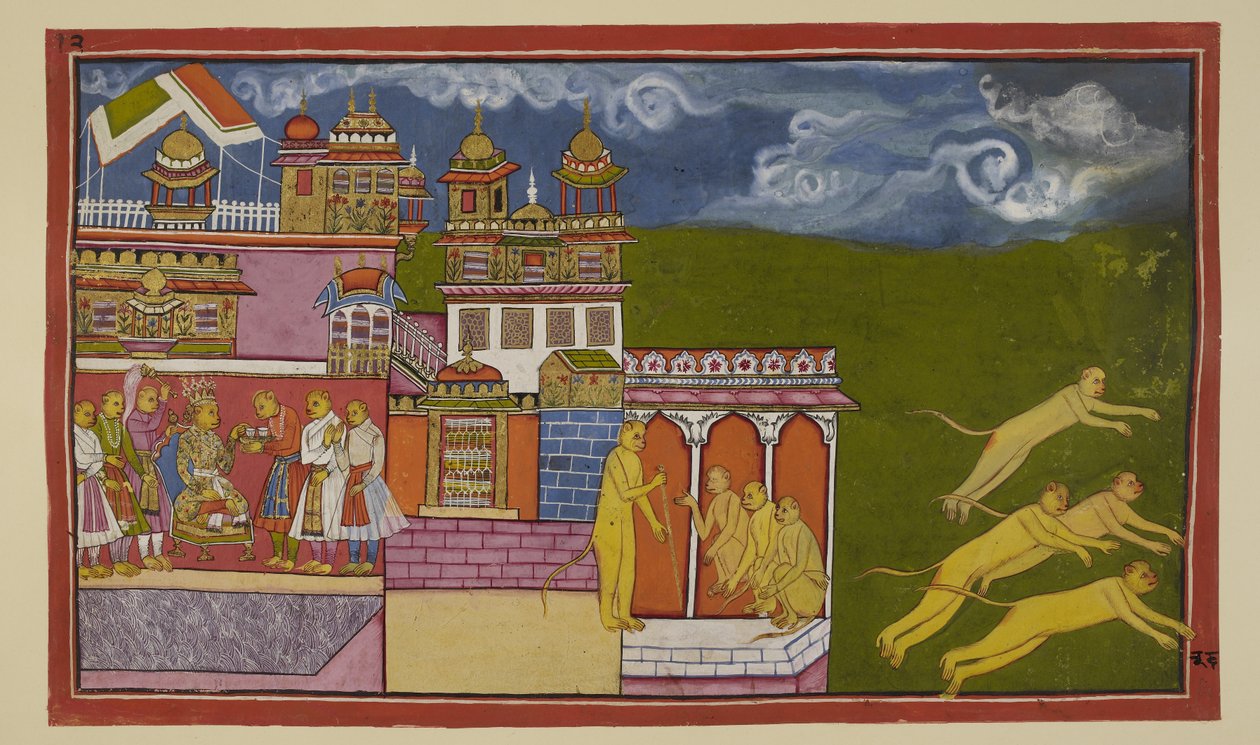 Tilføj 15296 (2) f.36r, I denne lidt malplacerede illustration er Sugriva, der sidder på sin trone og tager imod en drink fra en ledsager, blevet rådet af Hanuman til at formilde Laksmanas vrede. Sugriva har på Hanumans opfordring sendt bud ud for at tilka af Indian School