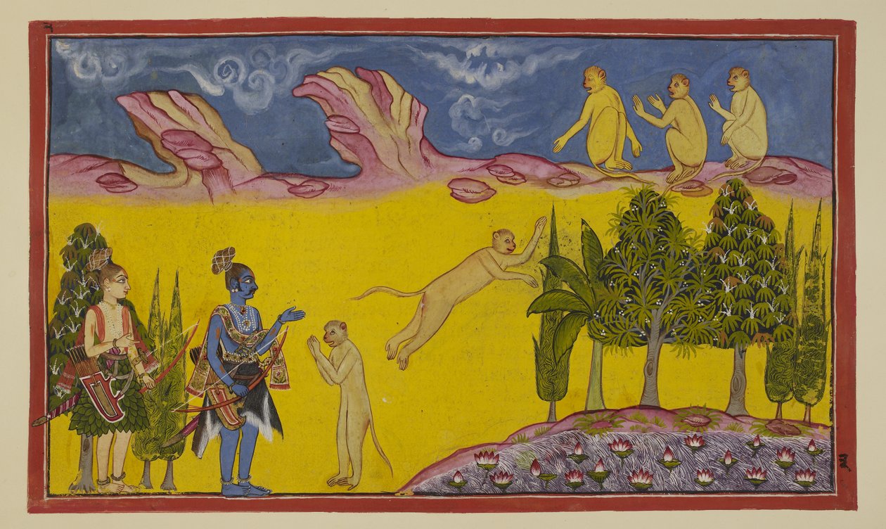 Tilføj 15296 (2) f.3r, Sugriva er først bange og tænker, at disse bevæbnede krigere er blevet sendt af hans tilranende bror Bali for at ødelægge ham. Han sender sin kloge minister Hanuman for at finde ud af mere om de to fremmede. Hanuman præsenterer sig s af Indian School