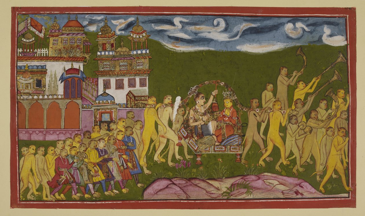 Add 15296 (2) f.43r, Sugriva og Laksmana transporteres i et gyldent kuld, båret af aber, fra Kiskindha af Indian School