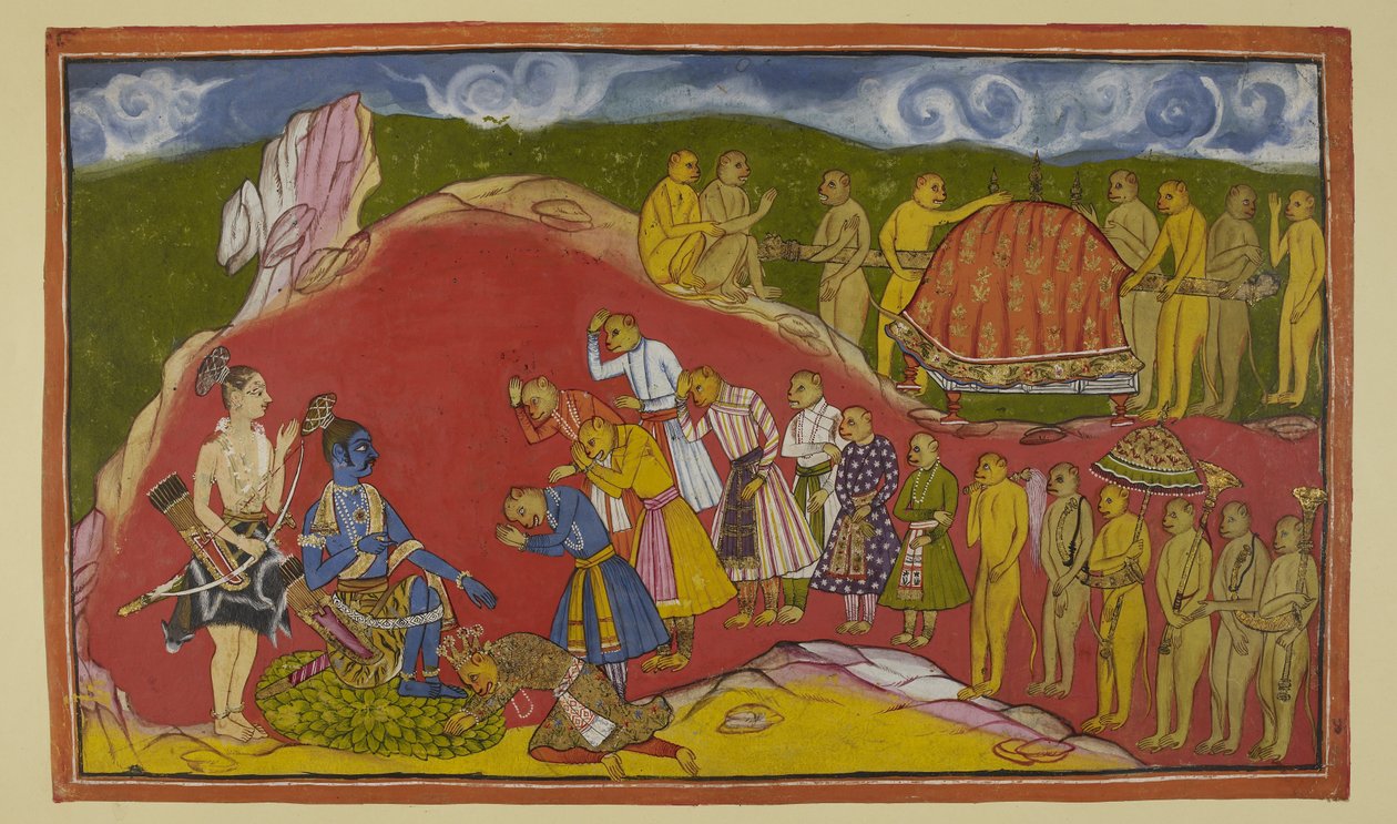 Tilføj 15296 (2) f.44r, Rama, der sidder på et sæde af lotusblade i sin hule, med Laksmana stående ved siden af ham, er overlykkelig over at se den enorme hær af aber, som Sugriva har bragt med sig. Sugriva falder for Ramas fødder, og abeministrene respekt af Indian School