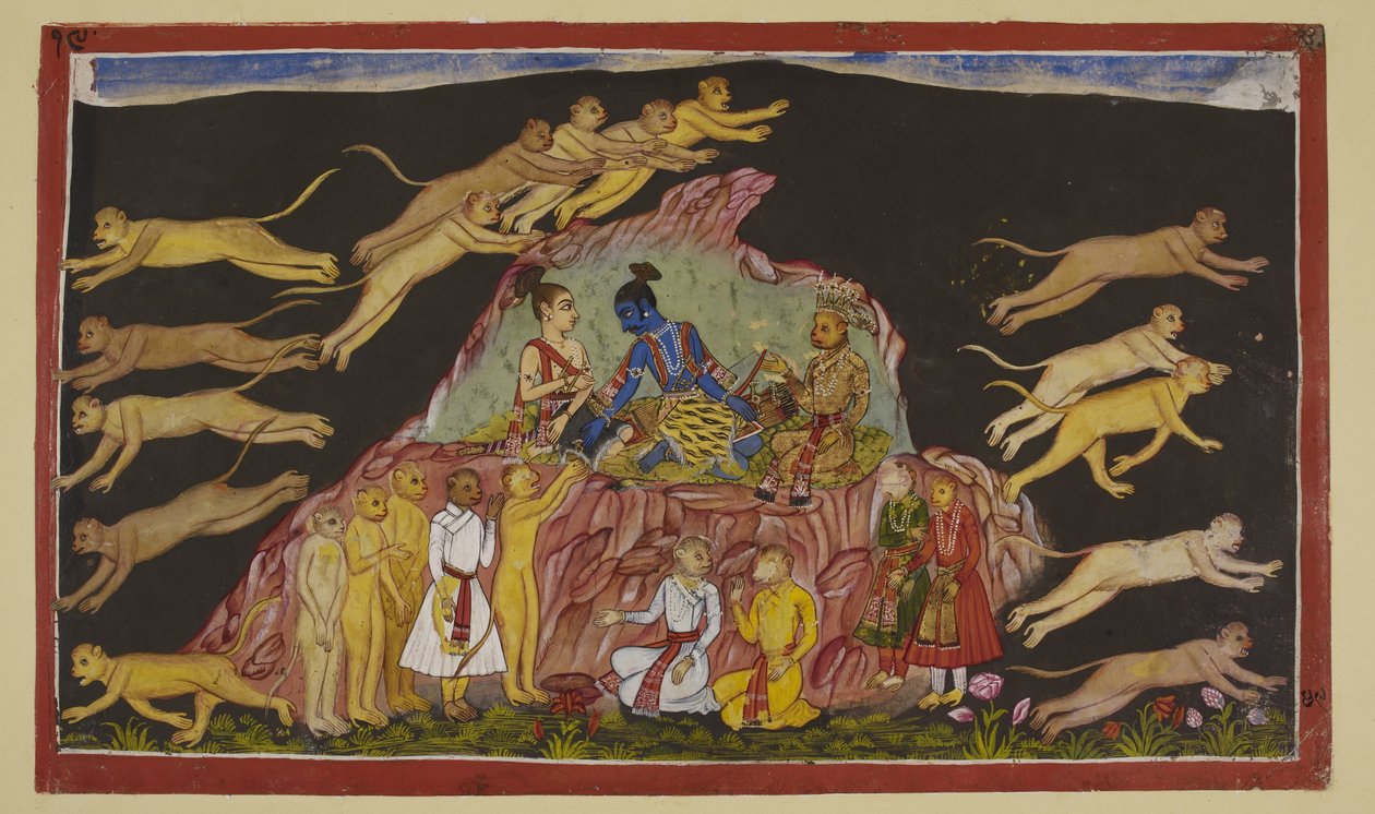 Tilføj 15296 (2) f.49r, Rama, Laksmana og Sugriva sidder på en stenet eminence. Sugriva deler sine enorme styrker i fire og sender dem ud for at lede efter Sita i de fire kvarterer. Til hver troppeleder beskriver han det terræn, de vil møde af Indian School