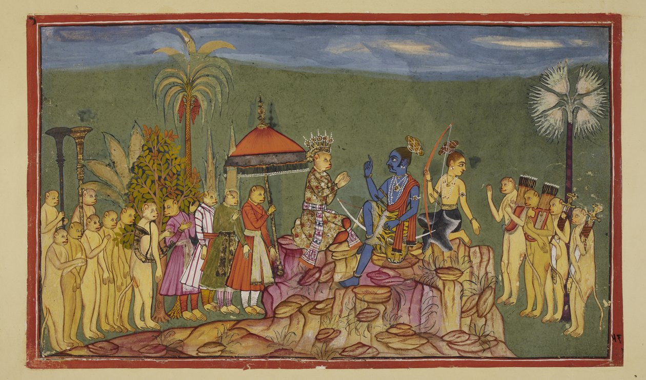Tilføj 15296 (2) f.56r, Rama spørger Sugriva, som tidligere havde beskrevet verdens fire kvarterer, hvordan han lærte dem at kende så godt. Sugriva fortæller ham, at han blev jaget gennem de fire kvarterer af sin bror Ba af Indian School
