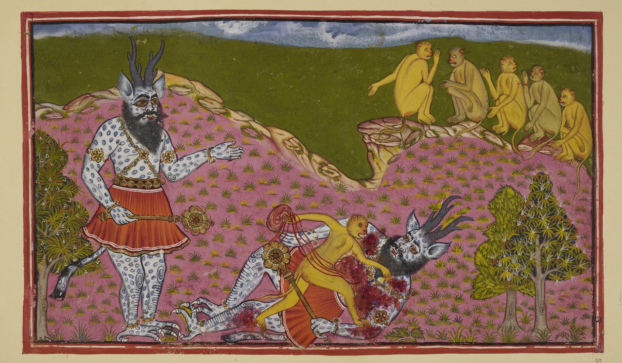 Tilføj 15296 (2) f.59r, Aberne, der gik sydpå, inklusive Hanuman og Angada, støder på en enorm asura (dæmon), blå og skællende, med horn og en mace. Angada tror, han er Ravana, slår ham i jorden og fjerner ham, mens de andre aber ser på af Indian School