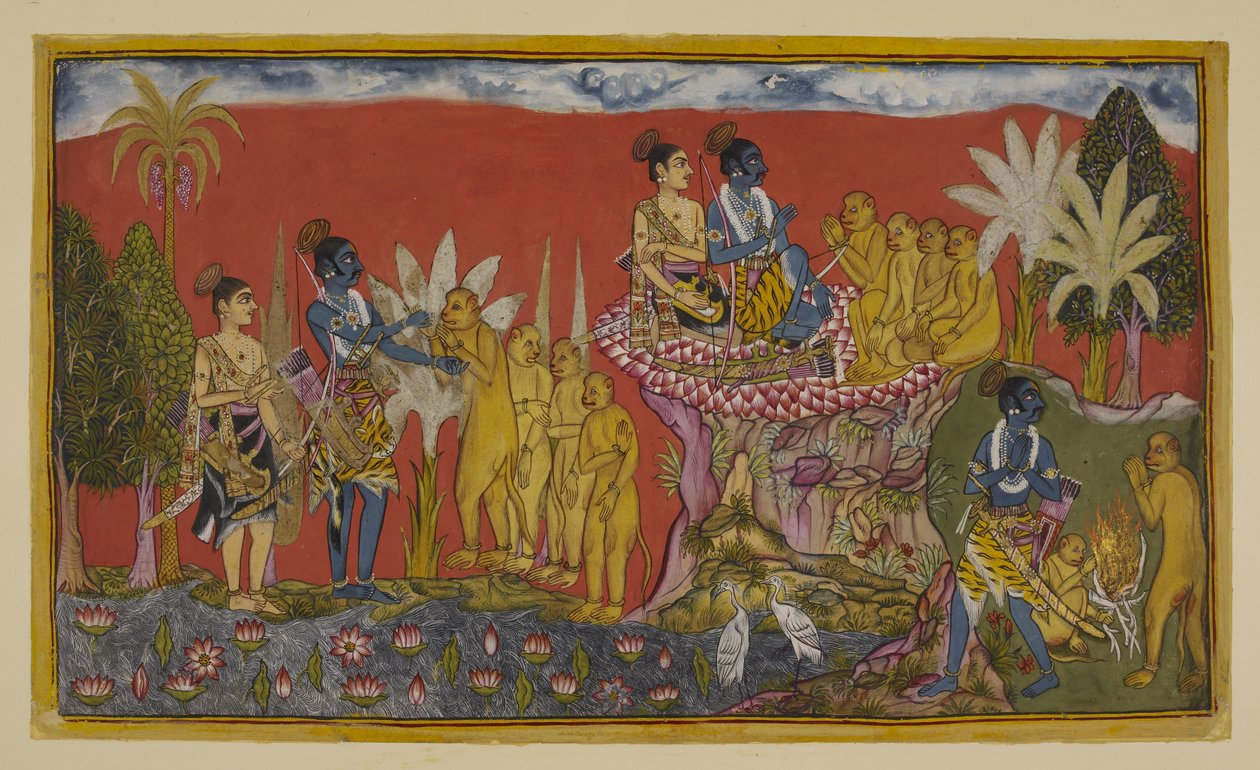 Tilføj 15296 (2) f.5r, Hanuman bringer nu Rama og Laksmana ind i nærvær af Sugriva på bjerget. Rama og Sugriva spænder hænderne som tegn på deres løfte om venskab, overvåget af Laksmana og de andre aber; og så går de to i samme ånd af Indian School