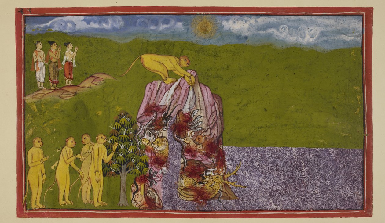 Tilføj 15296 (2) f.81r, Ved bredden af det store hav var aberne forfærdede over, hvordan de kunne krydse det for at nå La?k?. Angada spurgte dem alle, hvor langt de kunne springe, men ingen var sikker på at springe så langt, indtil Jambavan opfordrede Hanu af Indian School