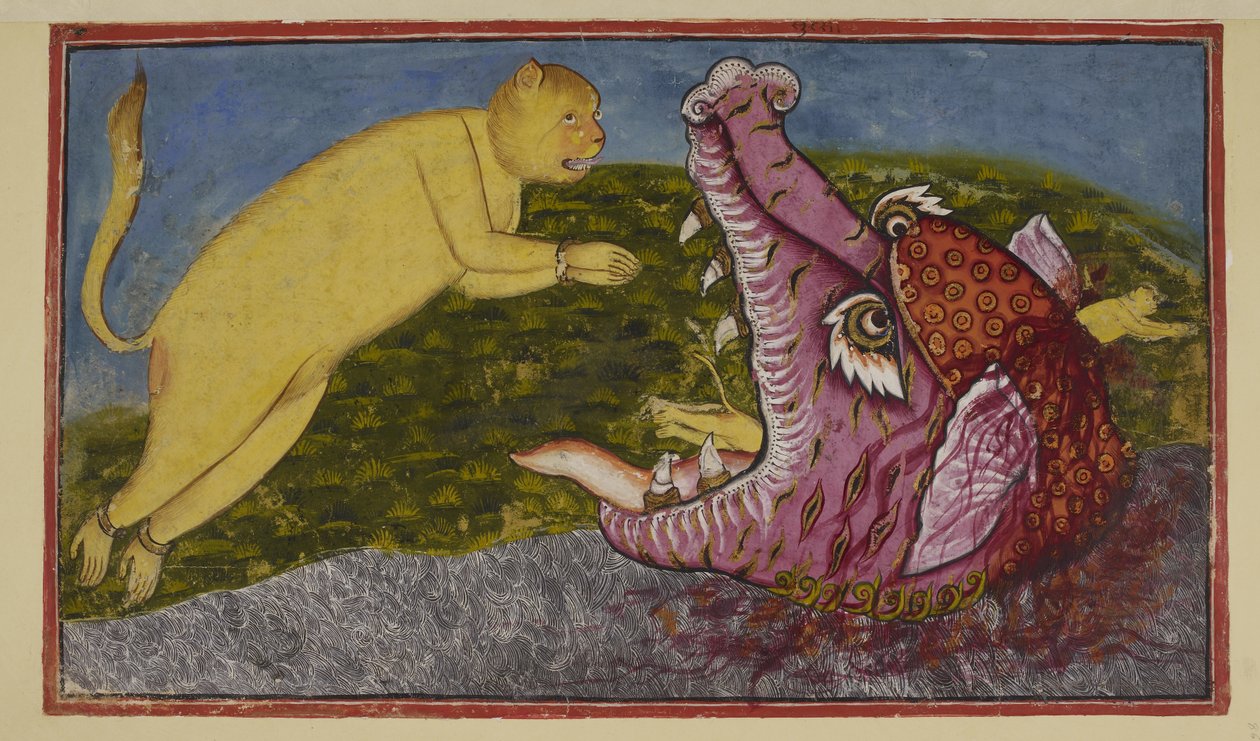 Tilføj 15296 (2) f.86r, Slangernes mor Surasa, der bor på bunden af havet, presset af guderne for at teste Hanuman, har forvandlet sig til et stort havuhyre med mægtige kæber, røde, lilla og fanged. Uanset hvor bredt hun udvider hende af Indian School