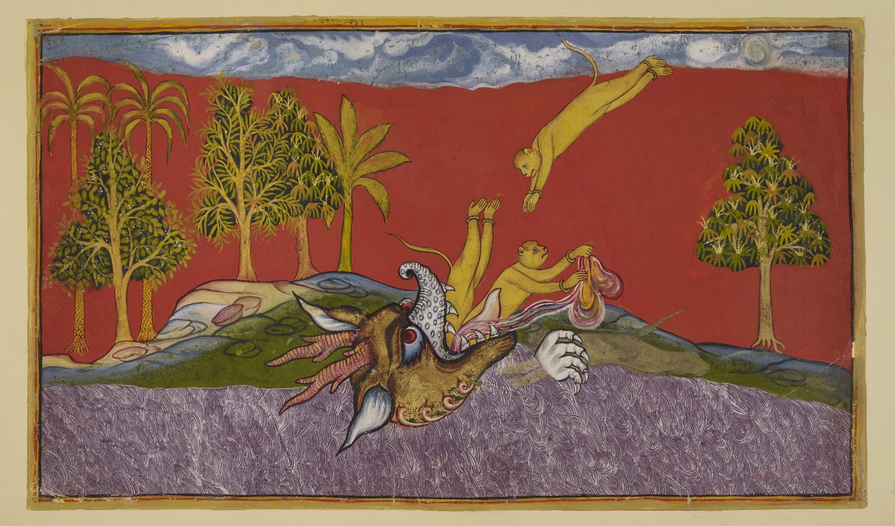 Tilføj 15296 (2) f.87r, Hanuman dykker ind i munden på dæmonen Siṃhika af Indian School