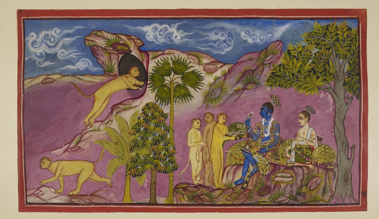 Tilføj 15296 (2) f.9r, Sugriva fortæller Rama, at han har set Sita blive båret op i en vogn af Ravana, kæmpende og råbt navnene på Rama og Laksmana. Da hun så ham nedenunder, lod hun sine juveler og en overdel falde ned. Sugriva løber til en hule i af Indian School