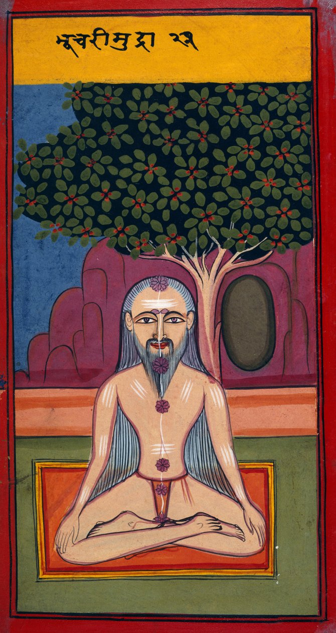 Tilføj 24099 fol.114v En Yogi i Bhusari-stilling, fra Asanas og Mudras (Hatha yoga) (gouache på papir) af Indian School