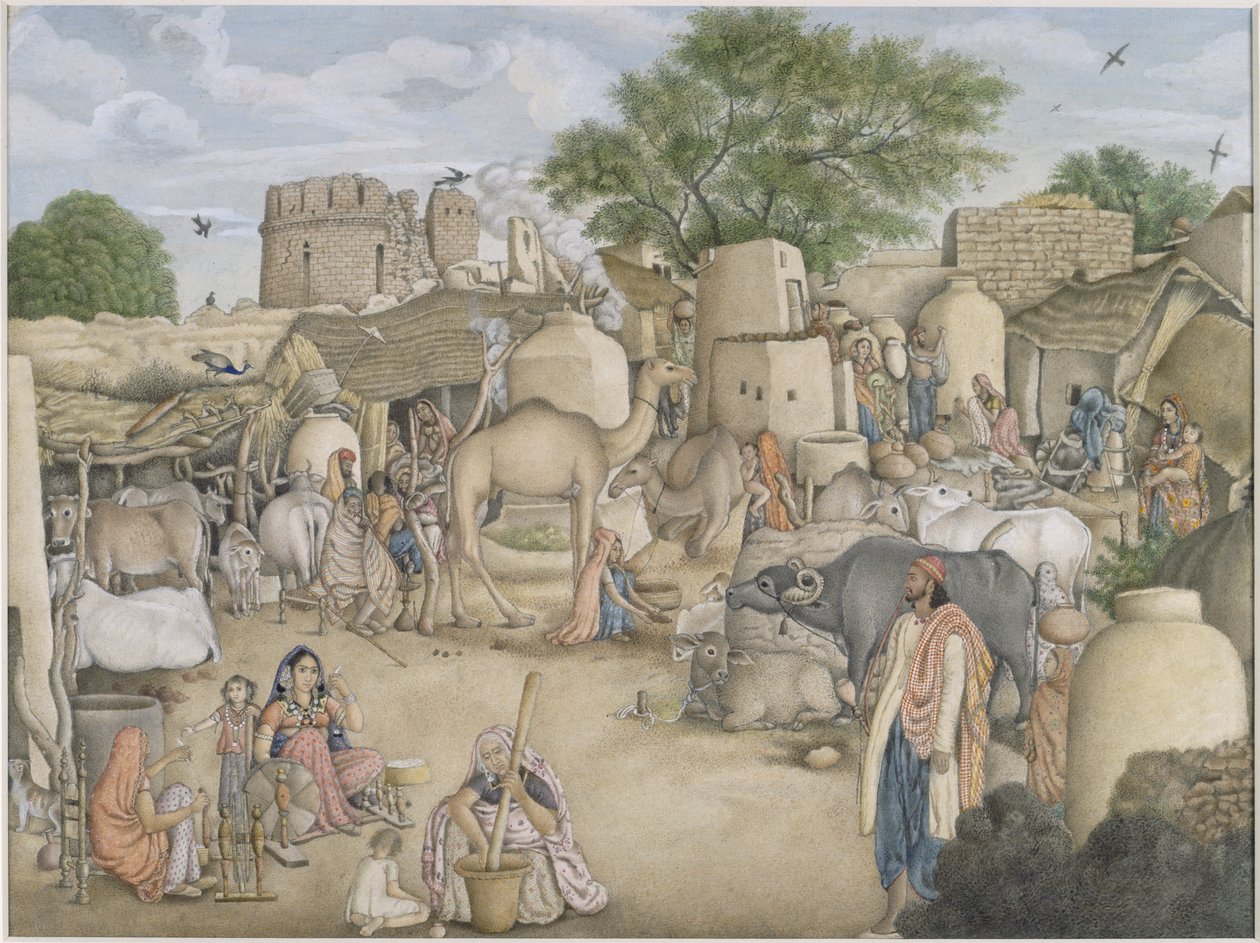 Tilføj Or.4057 En gadescene i landsbyen Raniya, ca. 1816-20 (akvarel og gouache på papir) af Indian School