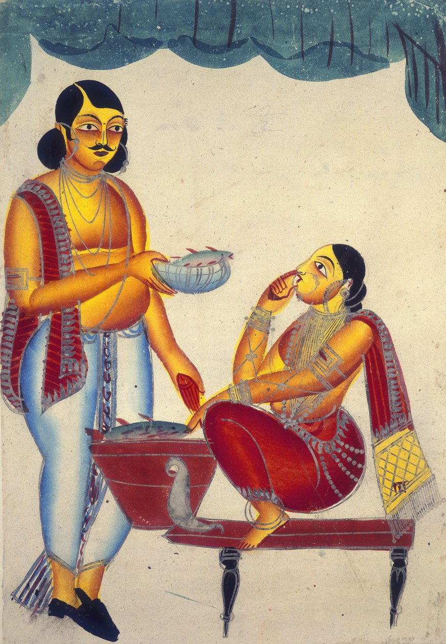 Add Or 905 A Woman sælger fisk (akvarel og sølvmaling på papir) af Indian School
