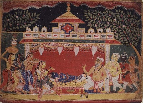 Tilbedelse af spædbarnet Krishna fra en spredt 