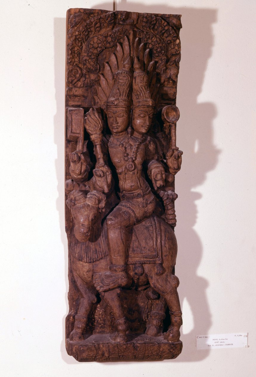Agni, ildguden, afbildet med to hoveder (bicephal) på en vædder, ifølge hinduistisk mytologi. Træskulptur fra det 17. århundrede. Paris, Musée Guimet. af Indian School