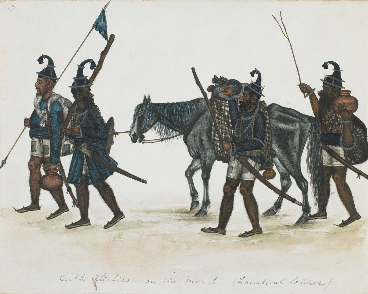 Akali Sikhs on the March, ca. 1850 (ugennemsigtig akvarel på papir) af Indian School