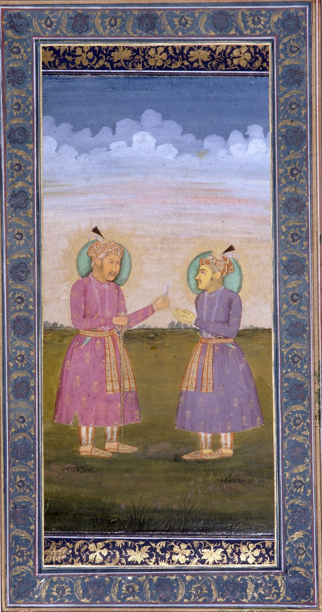 Akbar rækker en juvelbesat fjer til sin søn Jahangir, ca. 1845 (ugennemsigtigt wc & guld på papir) af Indian School